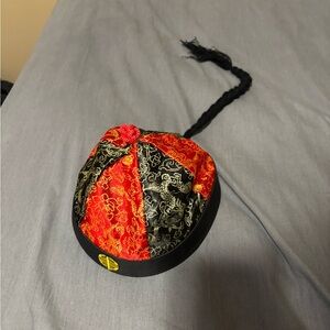 Red and Black Brocade Traditional Chinese Hat with Braid